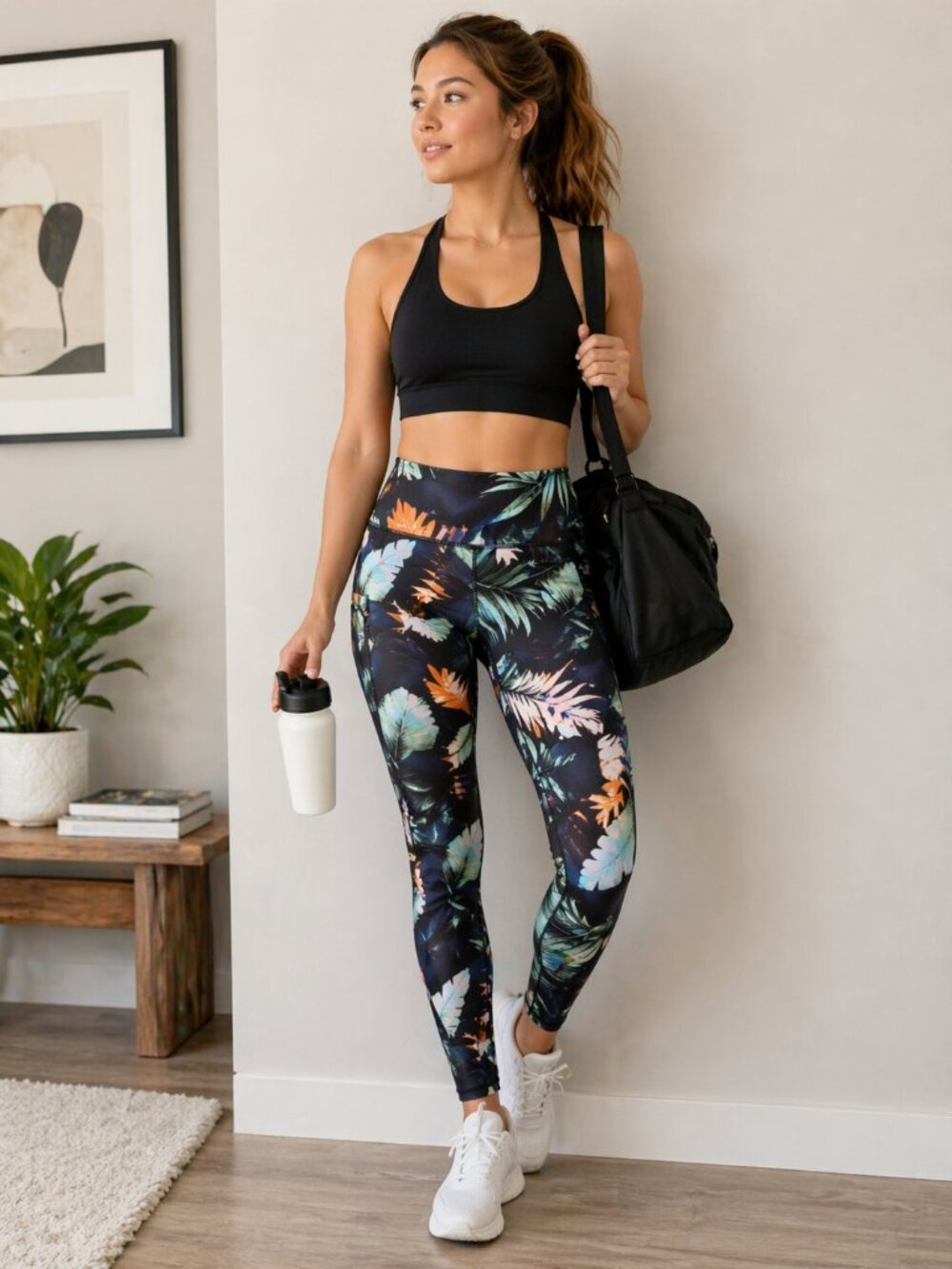 Tropical Print Leggings Womens Medium High Rise Palm Leaf Activewear Gym Yoga